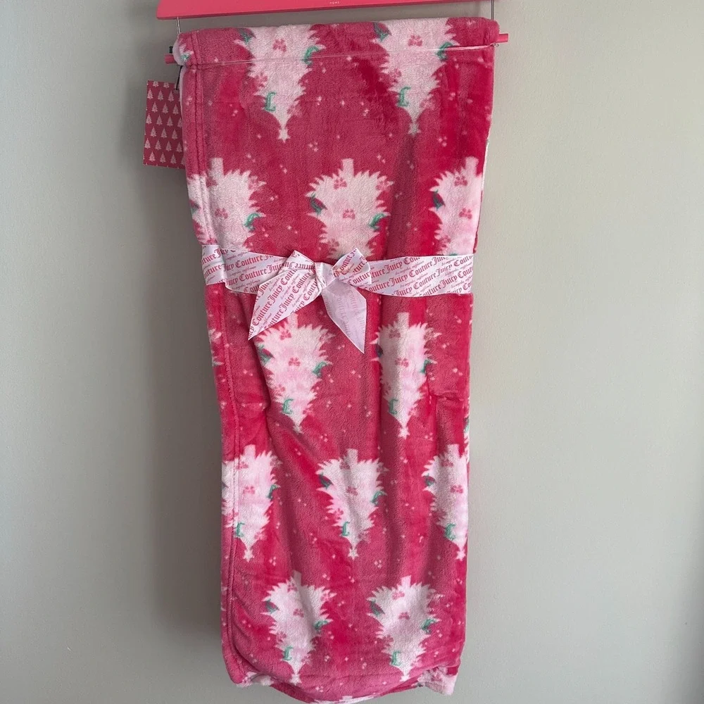 New Juicy Couture Christmas Pink Tree Snowflakes Green Bows Blanket 60x70 Stars